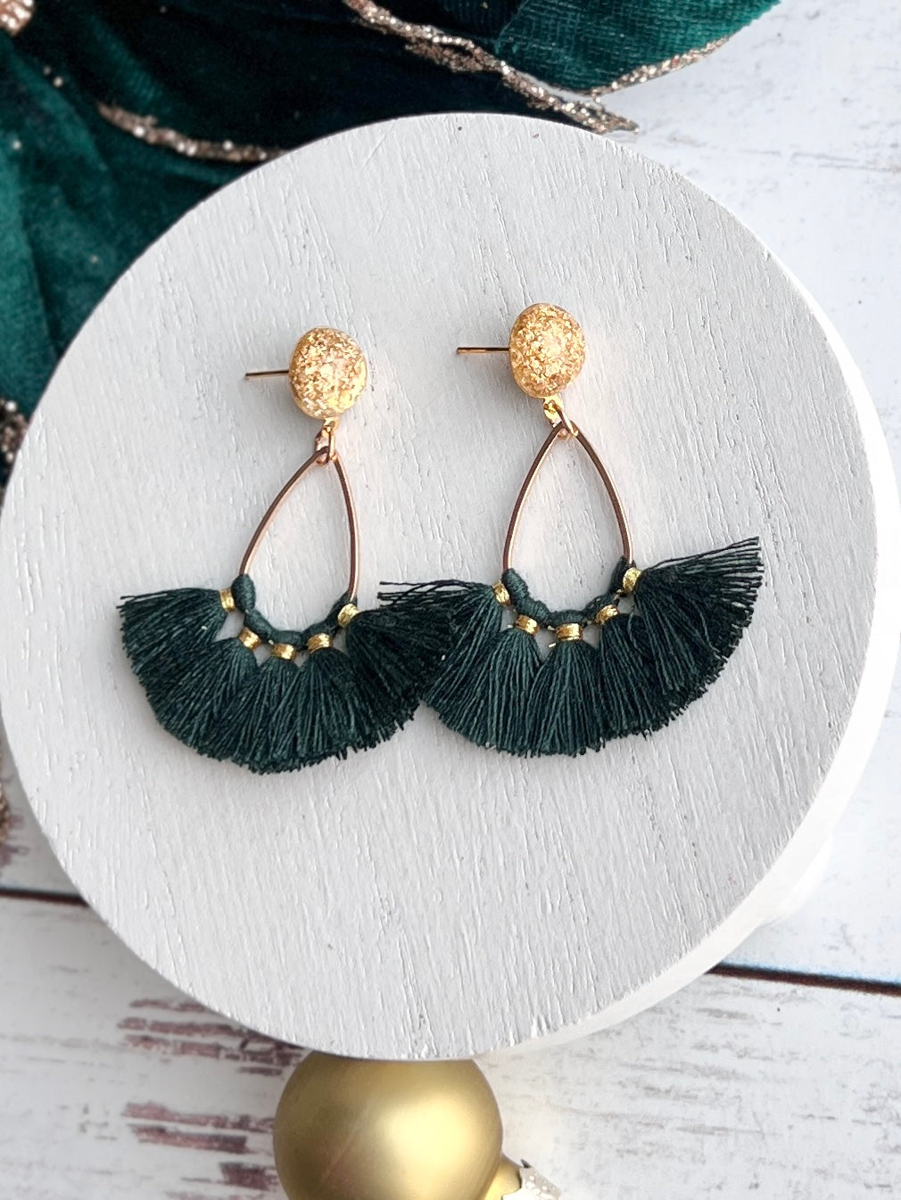 Spruce Green and Gold Petite Tassel Drops