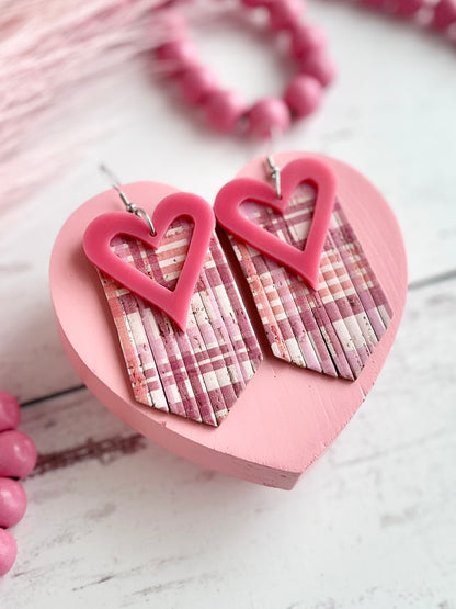 Pink Plaid Fringy Hearts
