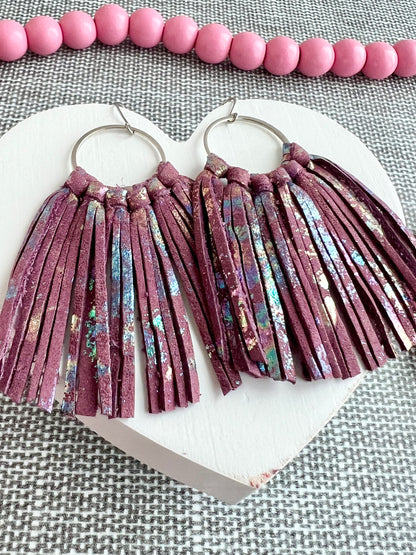 Dusky Purple with Oil Slick Splash Baby Fringe Hoops