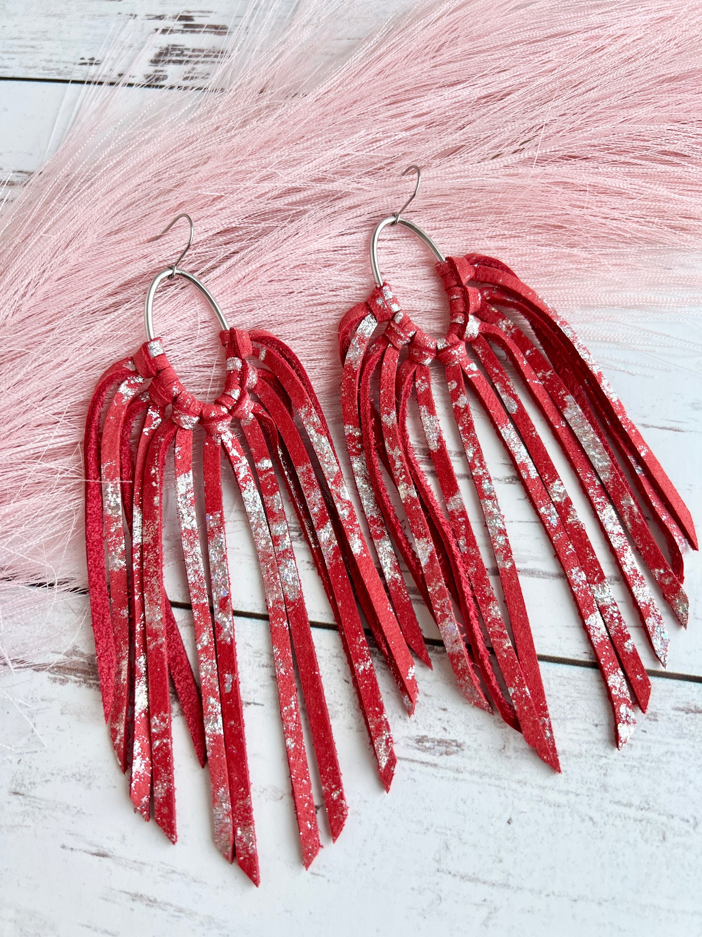 Holographic Splash on Red Oval Fringe Hoops