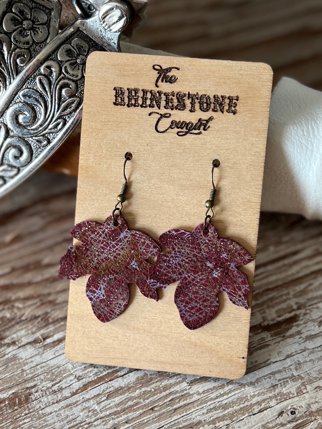 Glossy Crosshatch Burgandy Suede Falling Leaves