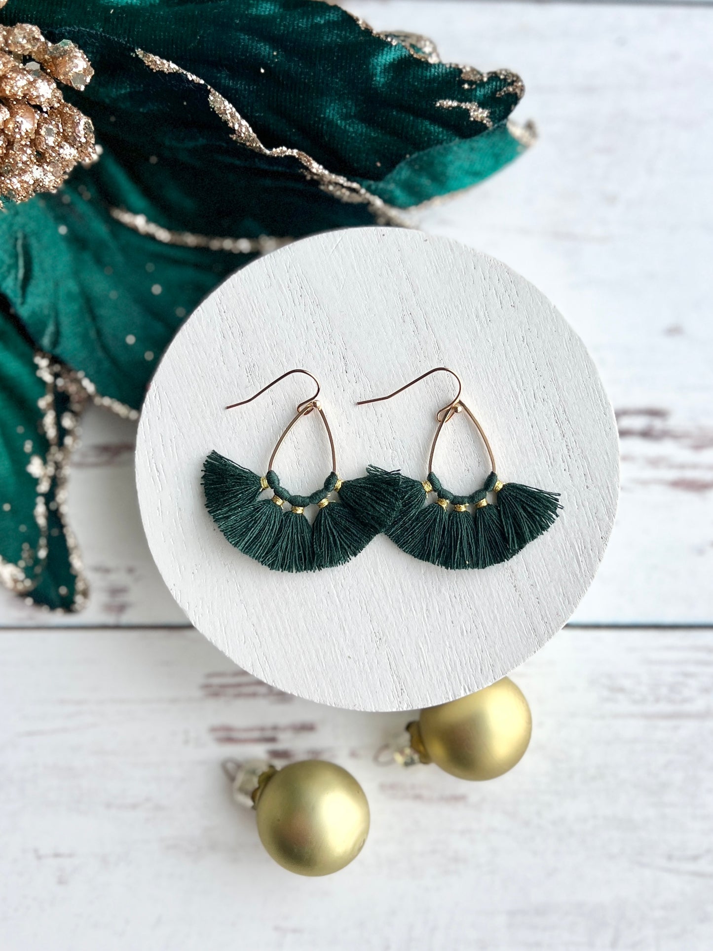 Spruce Green and Gold Petite Tassel Drops
