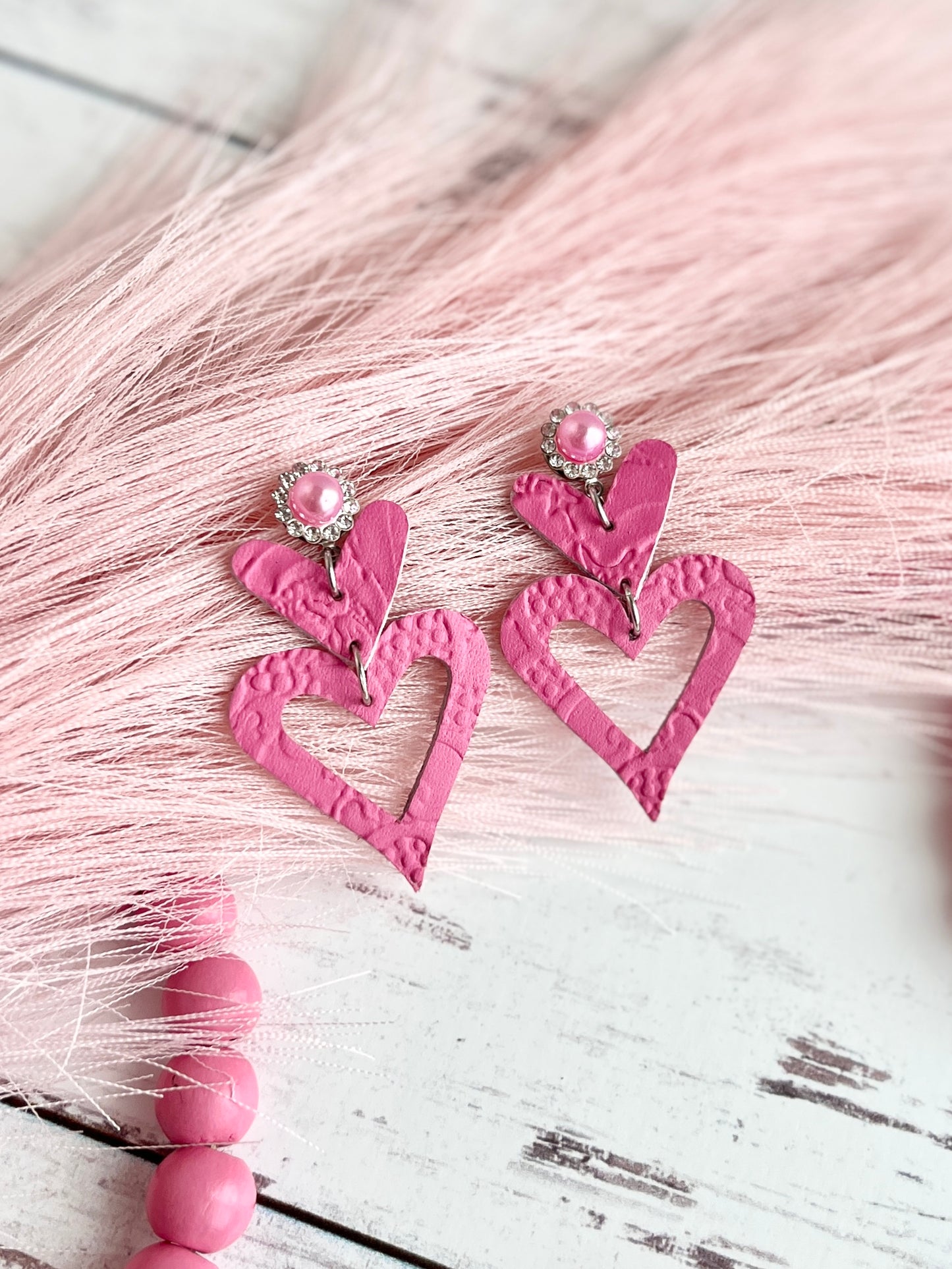 Pink Pearl Stacked Heart Dangles