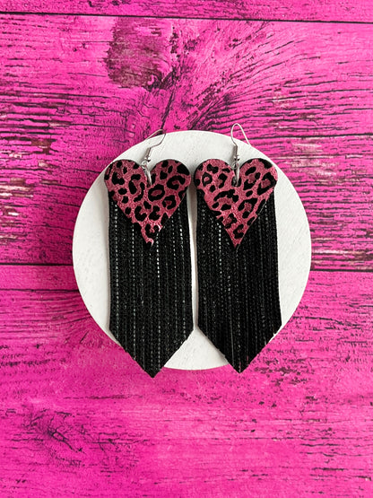 Metallic Pink and Black Heart Fringe