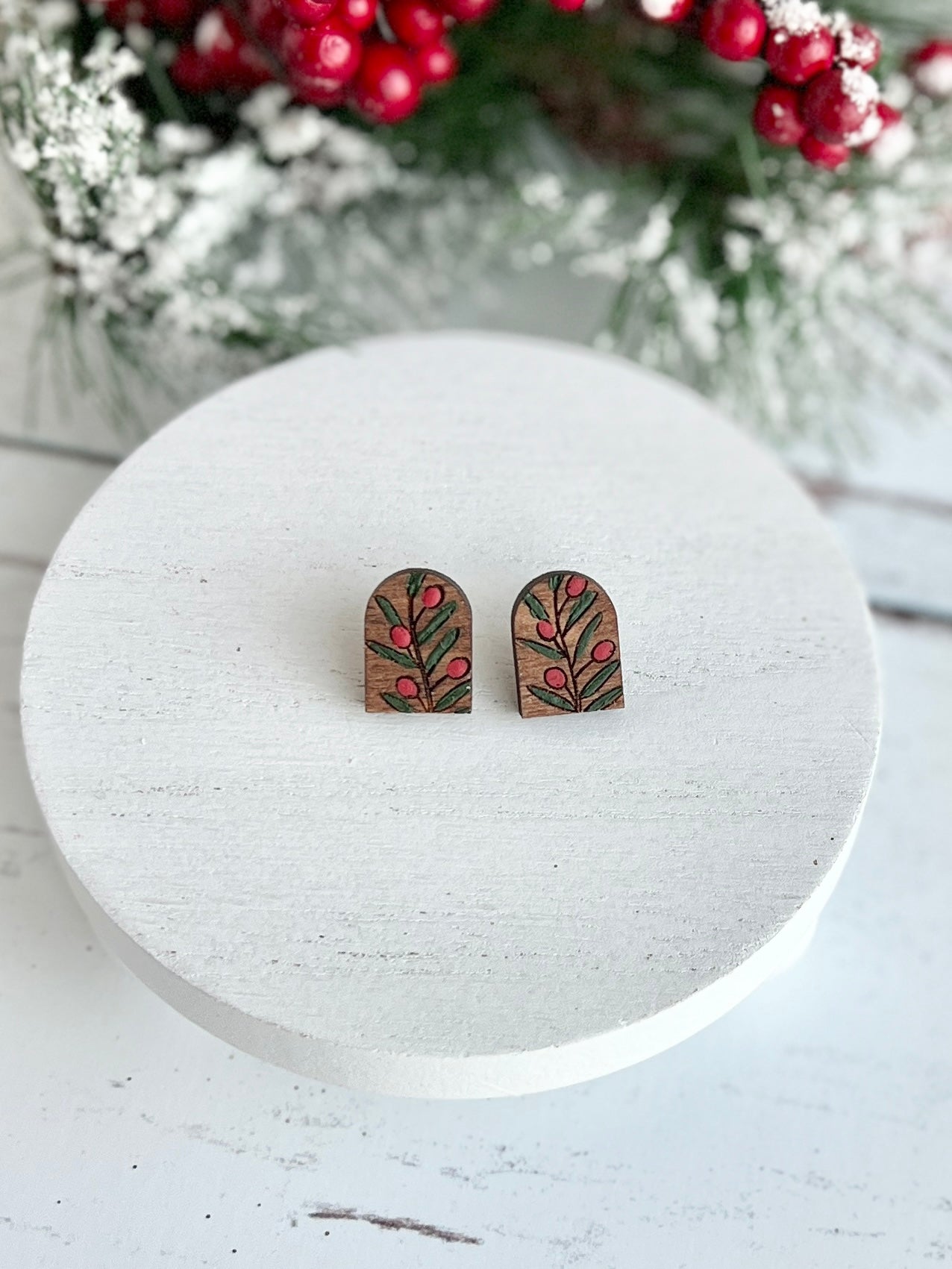 Hand-Painted Mistletoe Wood Studs