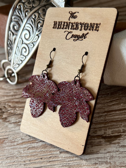 Glossy Crosshatch Burgandy Suede Falling Leaves