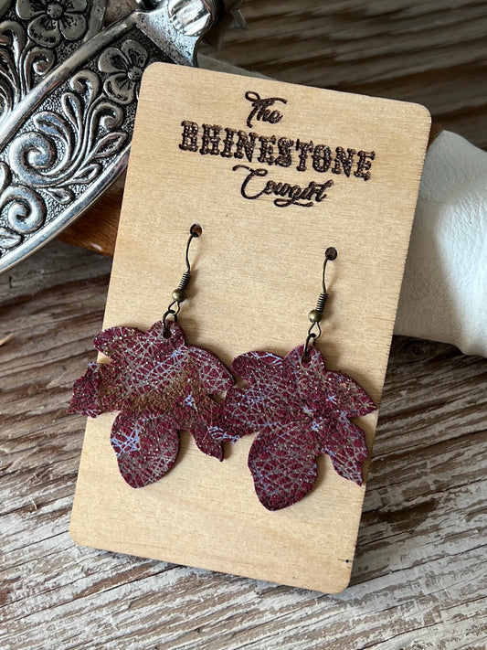 Glossy Crosshatch Burgandy Suede Falling Leaves