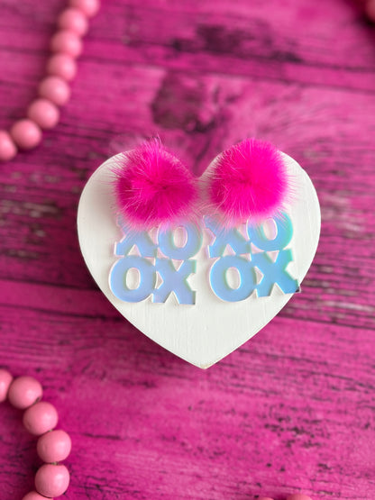 Hot Neon Pink Fur and Holographic Acrylic XOXO Posts