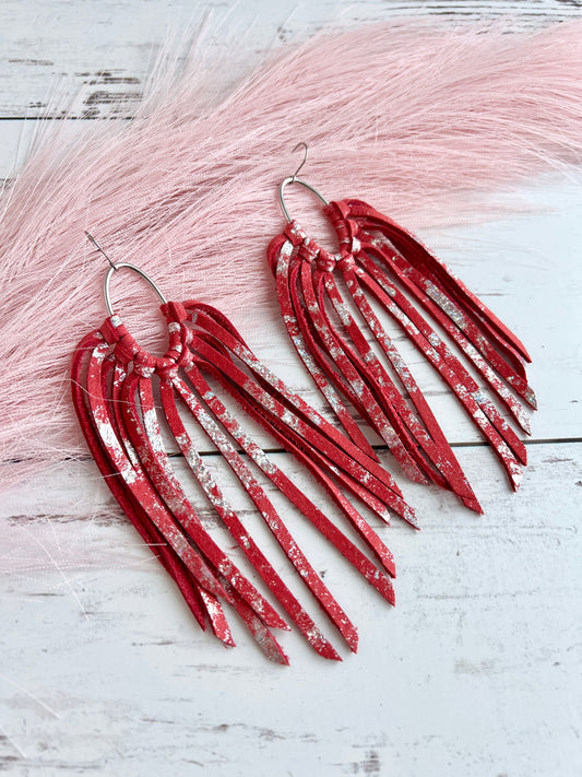 Holographic Splash on Red Oval Fringe Hoops