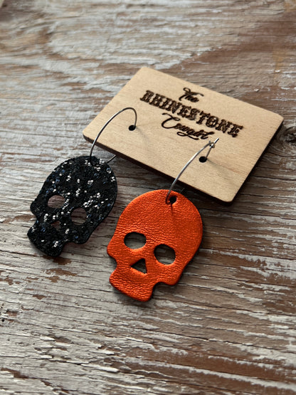 Reversible Metallic Orange and Black Glitter Skull Hoops