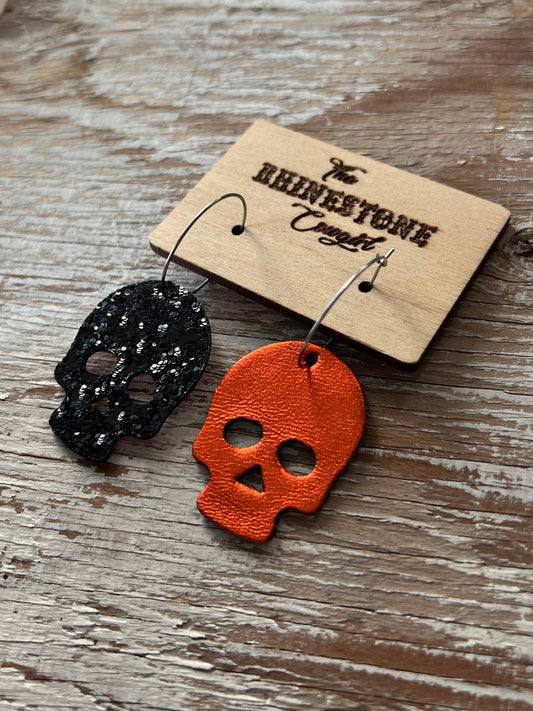 Reversible Metallic Orange and Black Glitter Skull Hoops