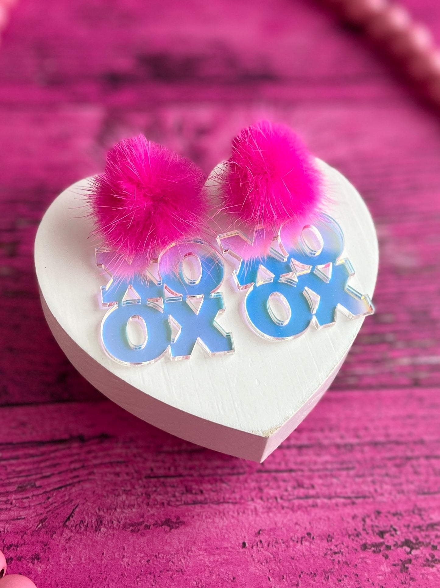 Hot Neon Pink Fur and Holographic Acrylic XOXO Posts