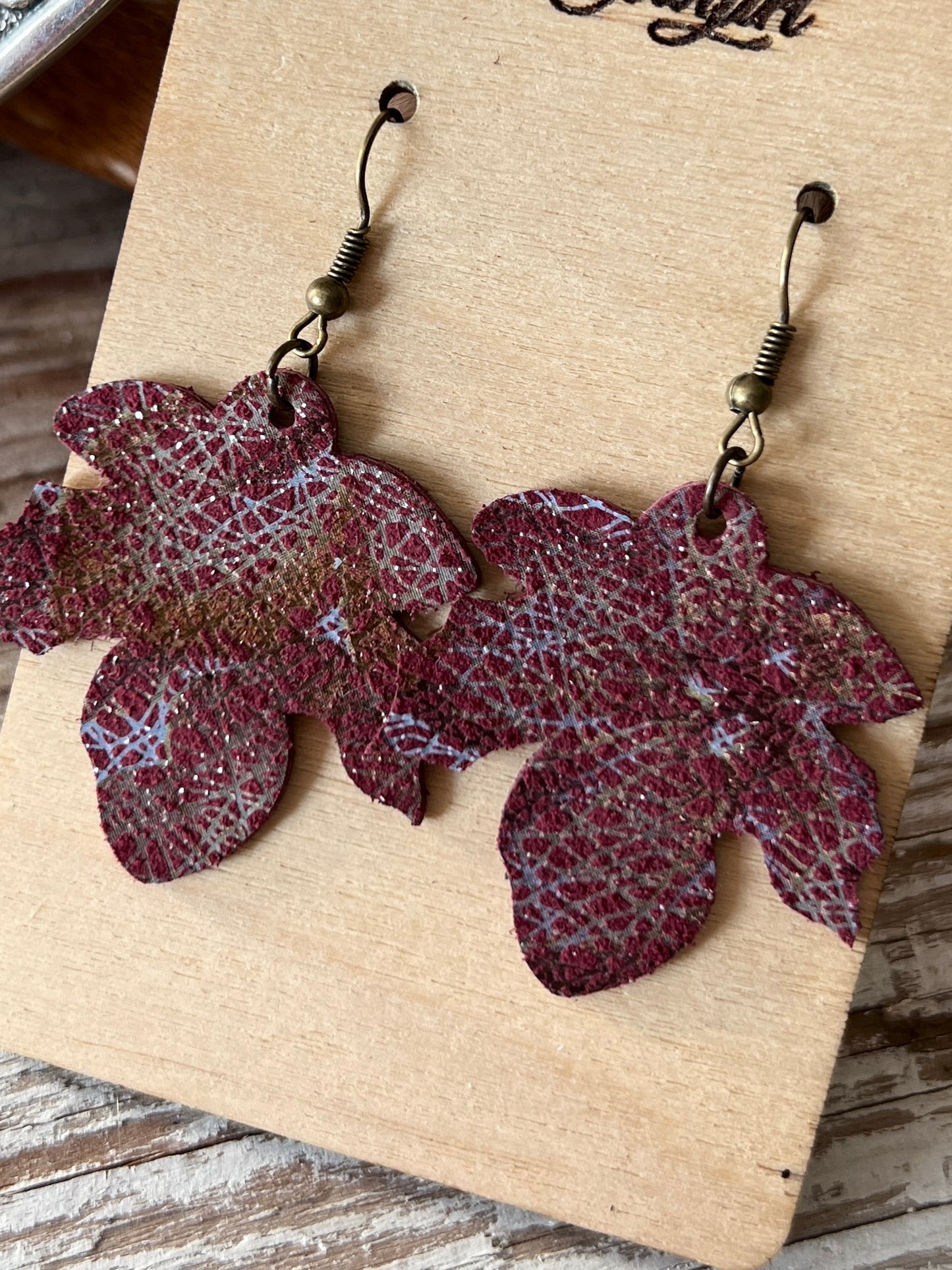 Glossy Crosshatch Burgandy Suede Falling Leaves