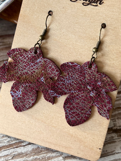 Glossy Crosshatch Burgandy Suede Falling Leaves