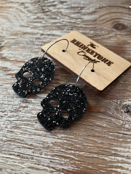 Reversible Metallic Orange and Black Glitter Skull Hoops