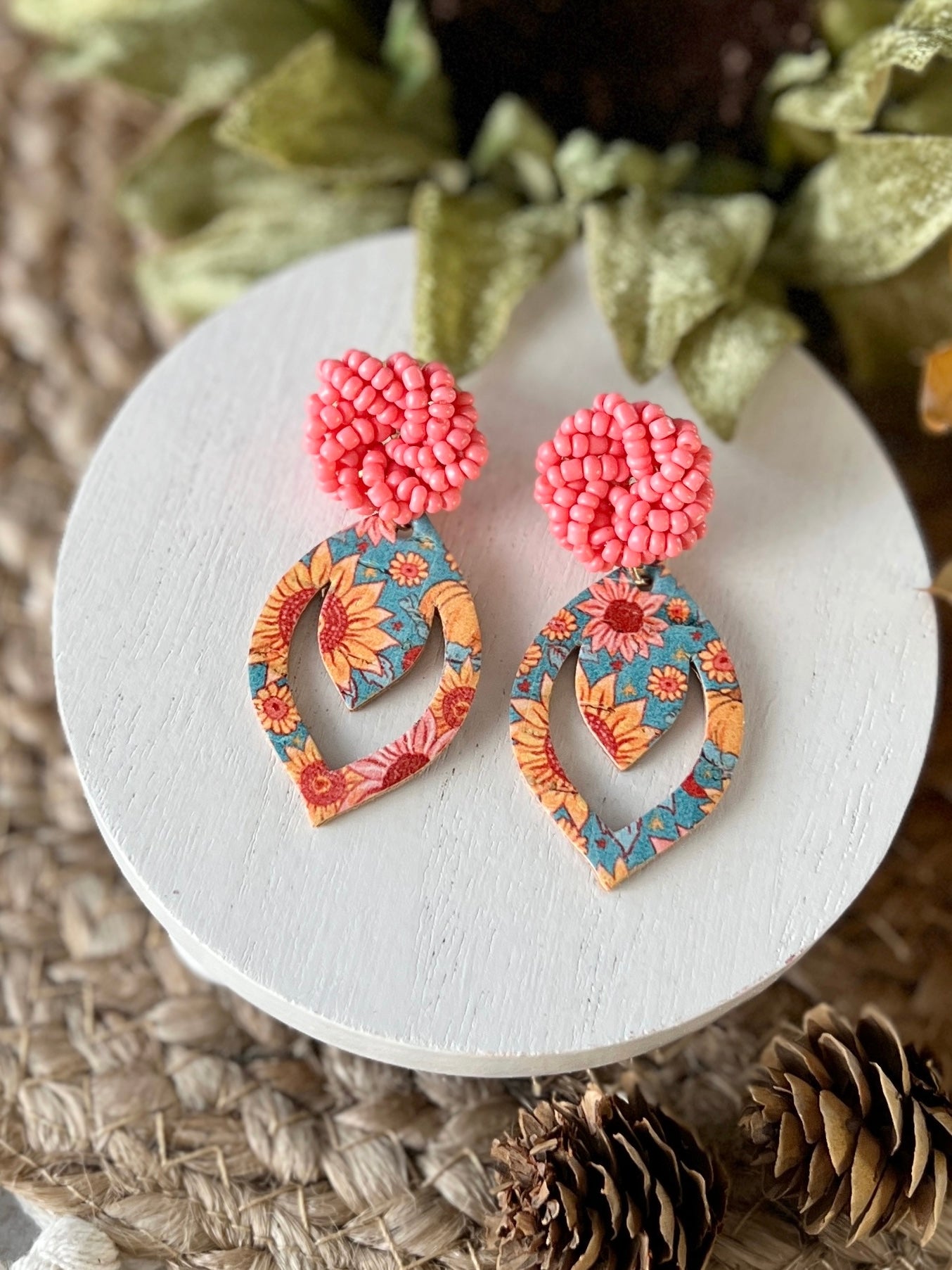Boho Fall Sunflower Opal Seed Bead Post Dangles