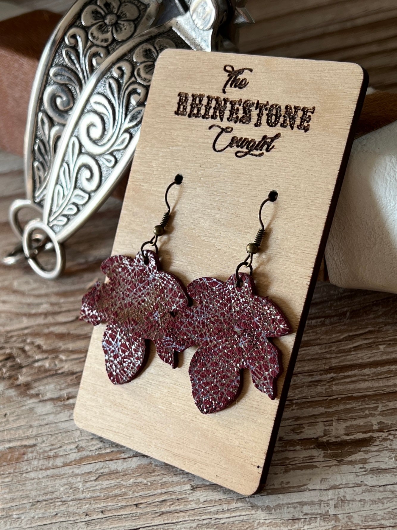 Glossy Crosshatch Burgandy Suede Falling Leaves