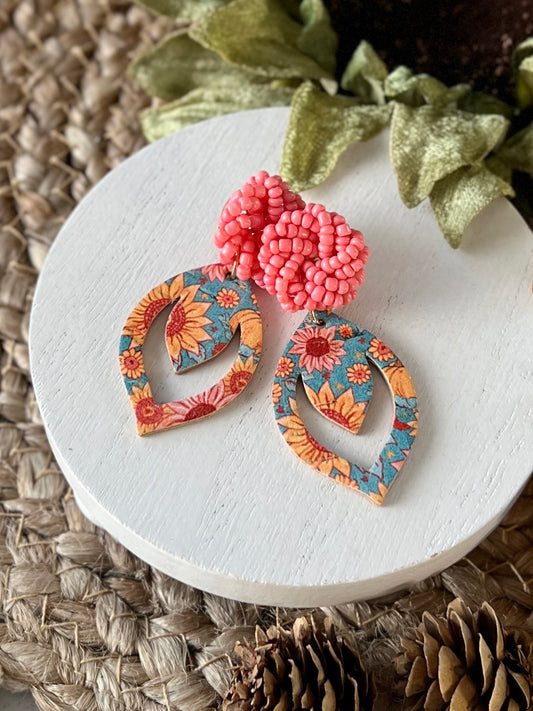 Boho Fall Sunflower Opal Seed Bead Post Dangles