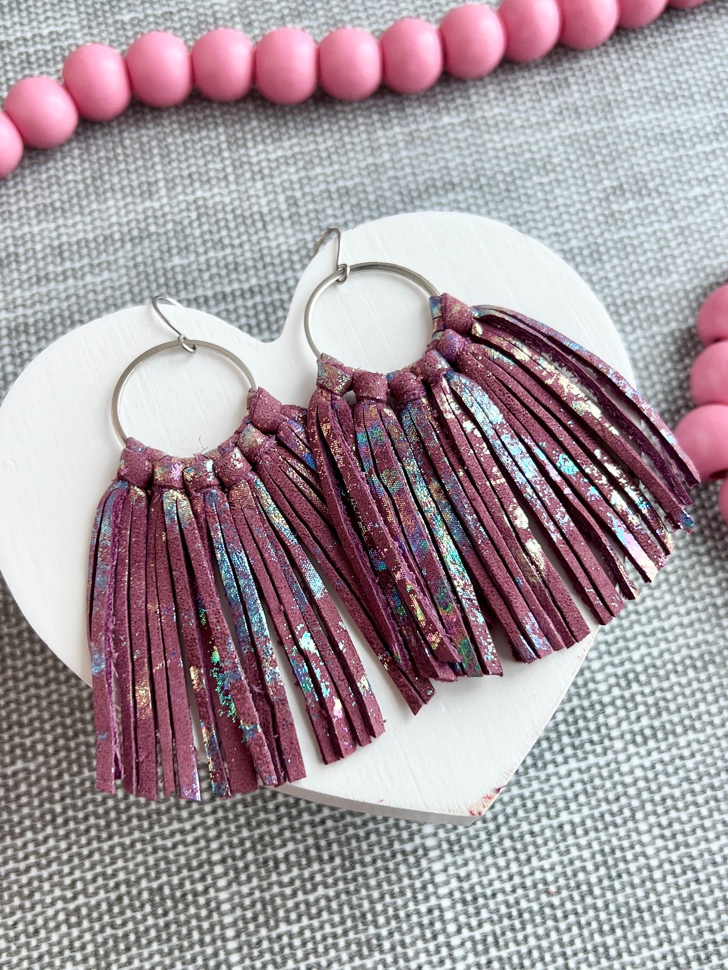 Dusky Purple with Oil Slick Splash Baby Fringe Hoops