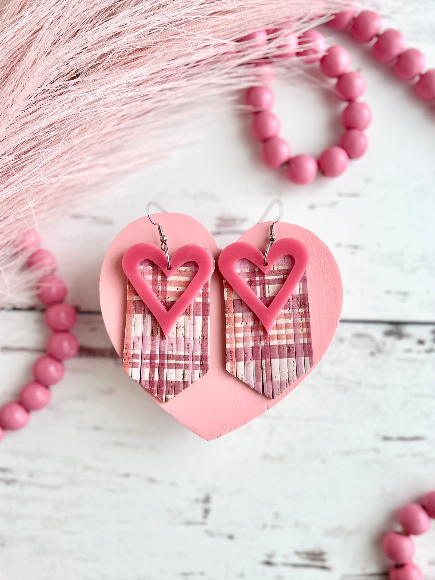 Pink Plaid Fringy Hearts