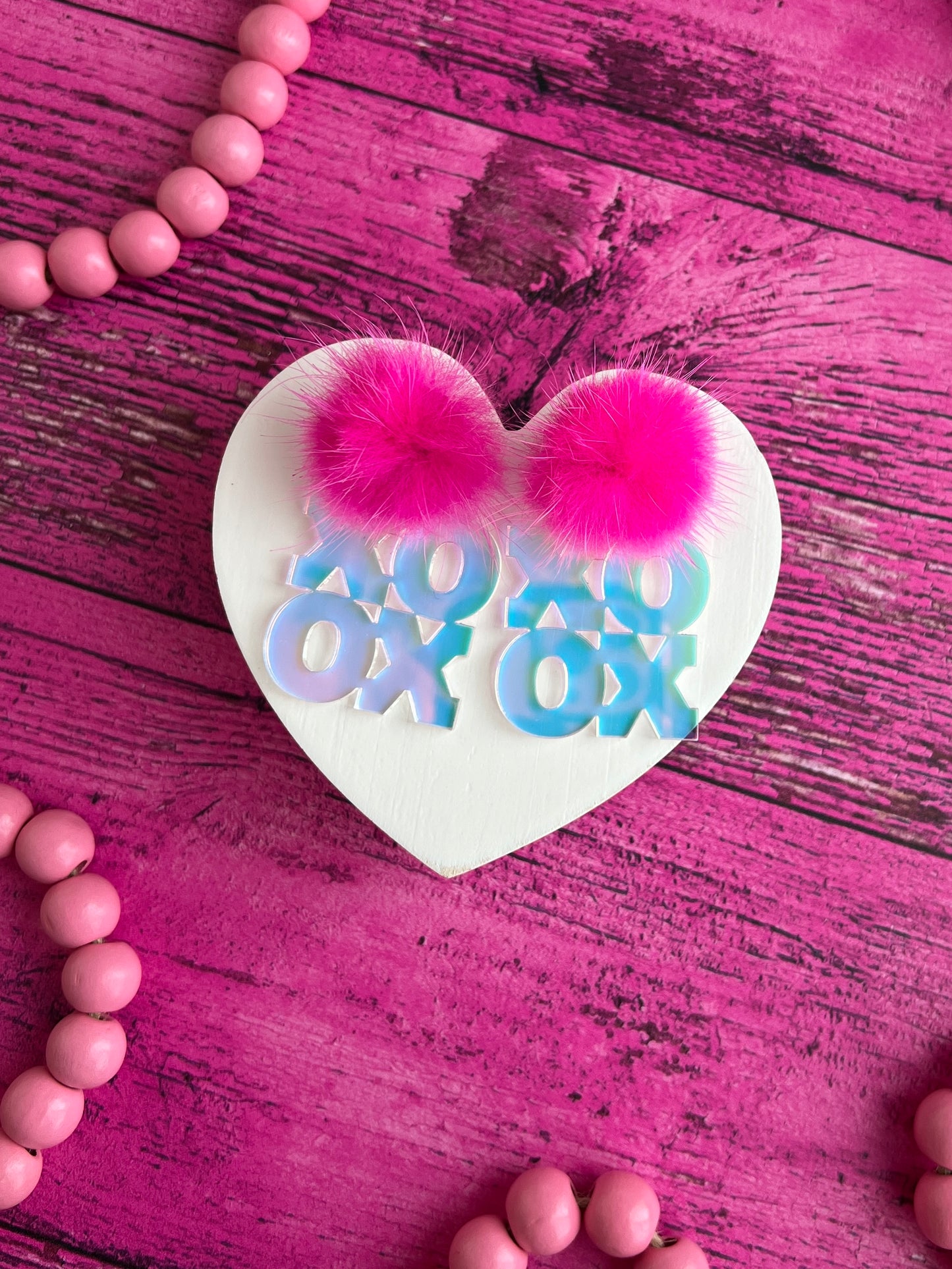 Hot Neon Pink Fur and Holographic Acrylic XOXO Posts