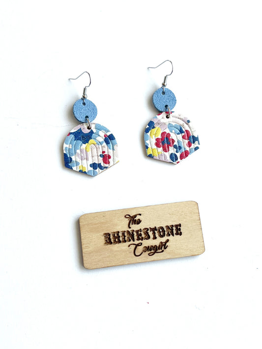 Bold Floral Cork/Blue Suede Embossed Boho Arch Dangles
