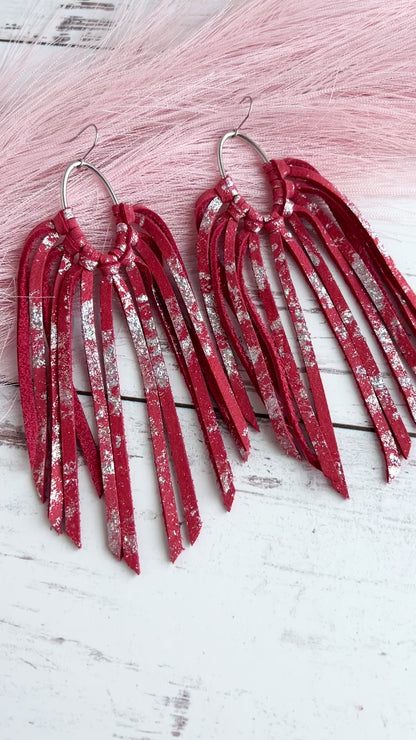 Holographic Splash on Red Oval Fringe Hoops