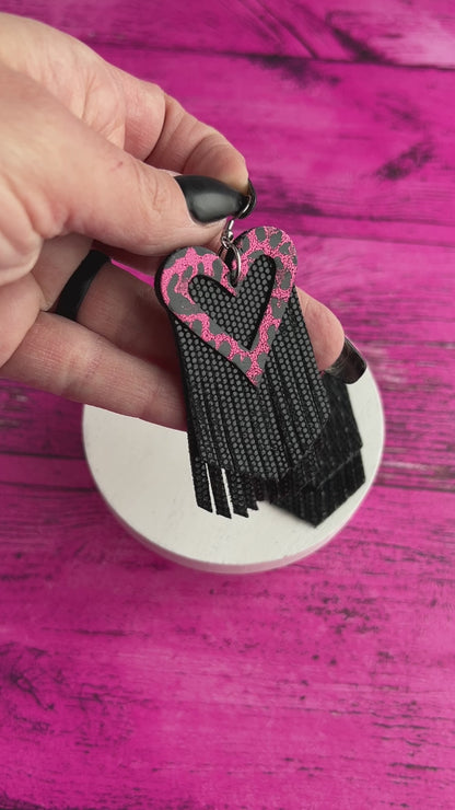 Outline Metallic Pink and Black Heart Fringe