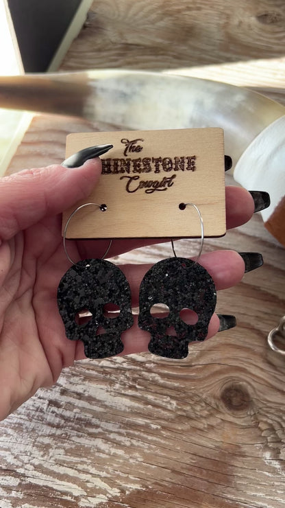 Reversible Metallic Orange and Black Glitter Skull Hoops